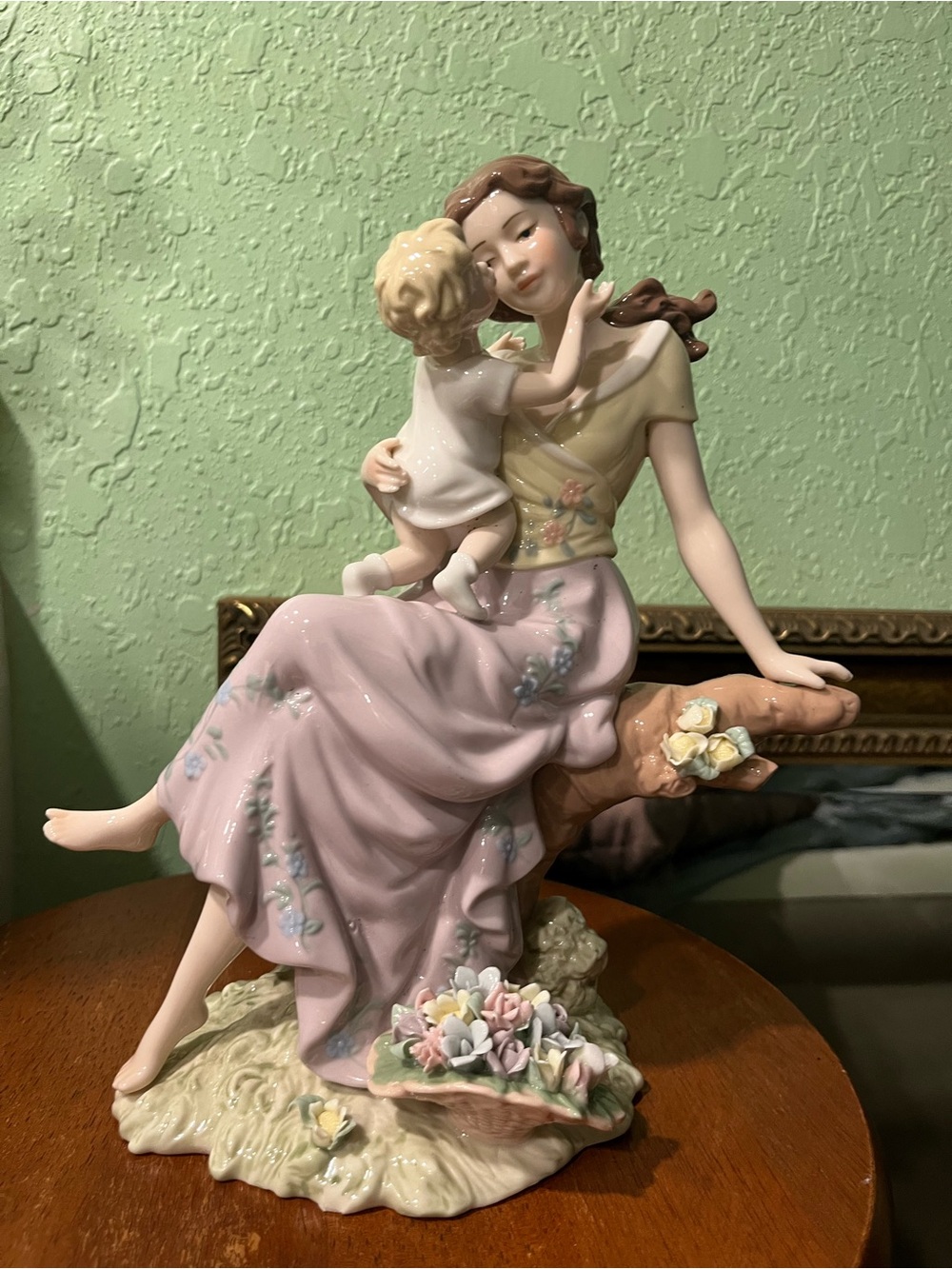 Porcelain Mother and Child Figurine in Pastel Pink and Cream